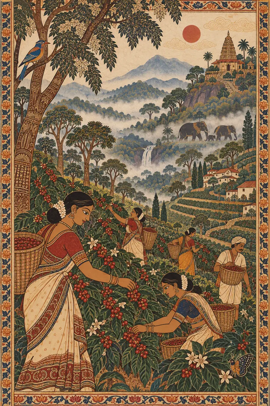 Folk-art painting of terraced coffee hills in the Western Ghats with pickers harvesting red cherries