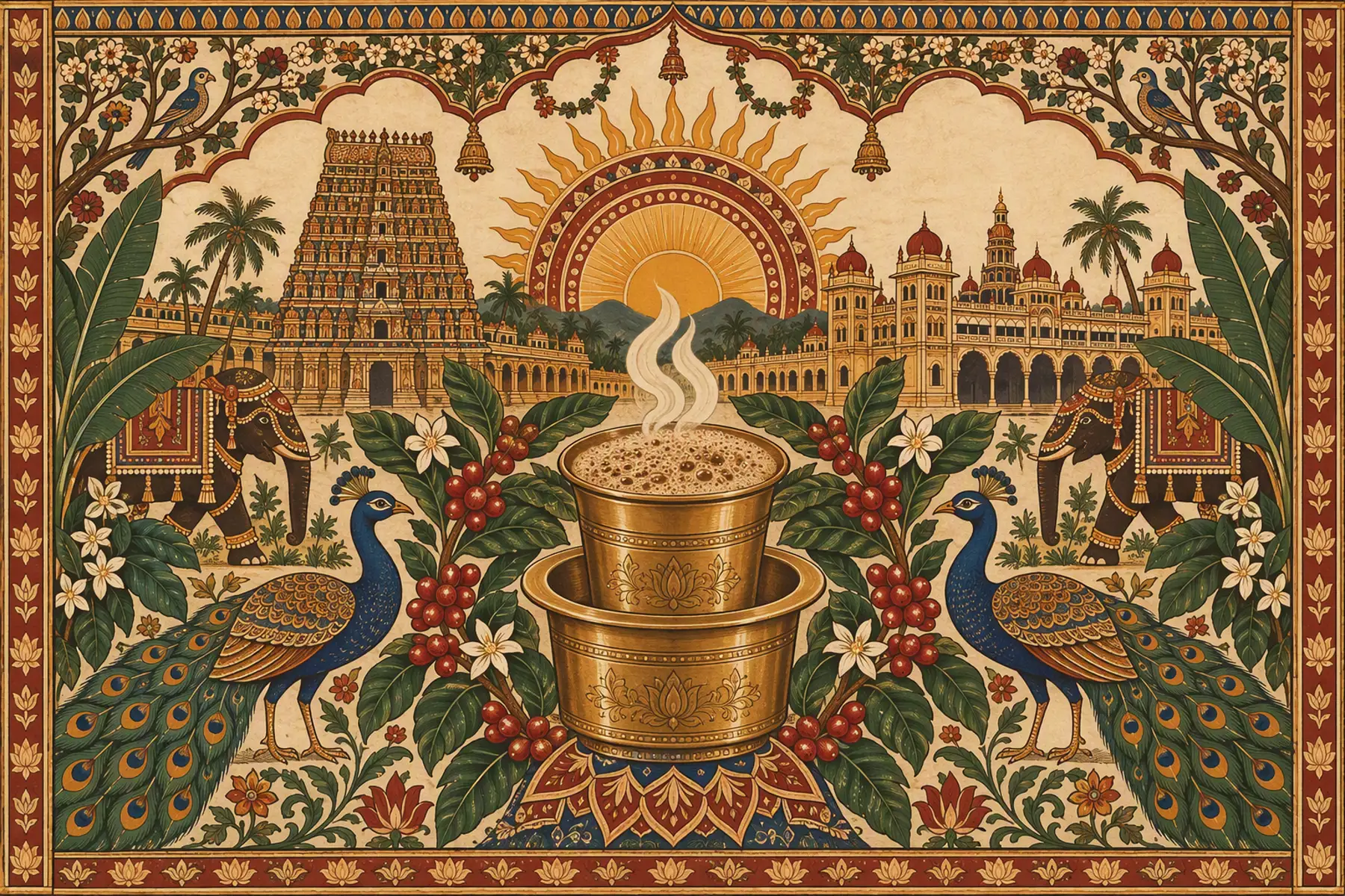 A folk-art painting of a brass dabara tumbler of filter coffee surrounded by coffee plants, peacocks, a temple gopuram and a palace beneath a rising sun