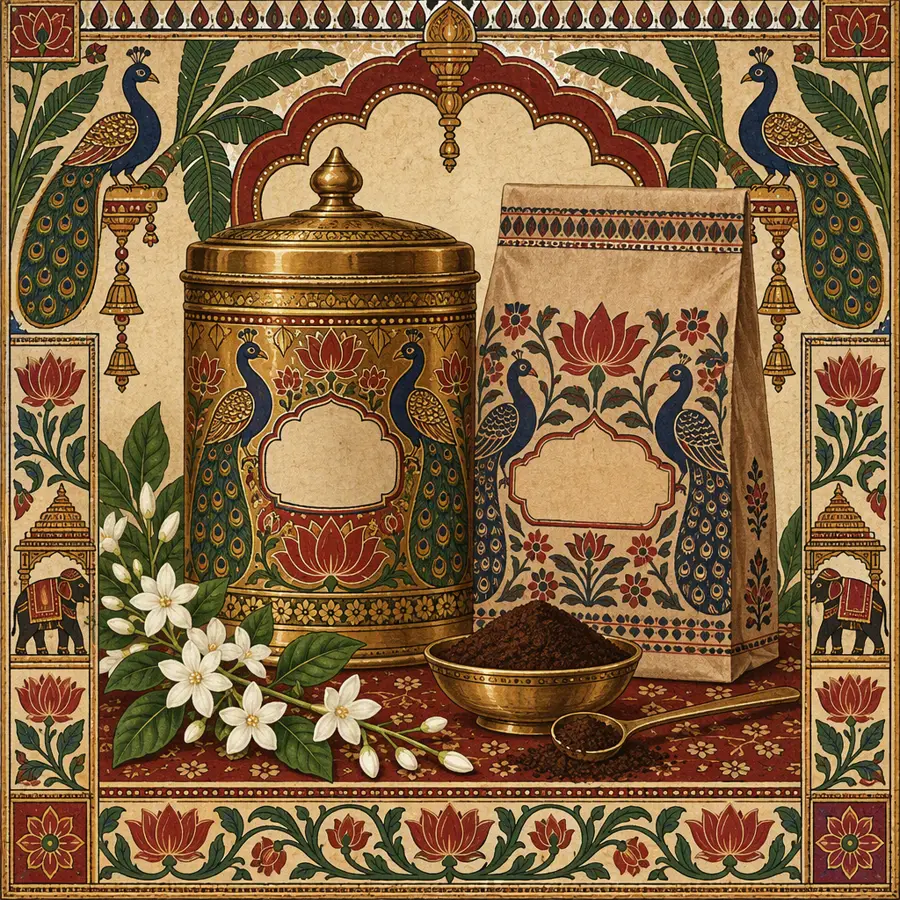 Folk-art painting of an ornate brass coffee tin and a block-printed pouch of coffee powder