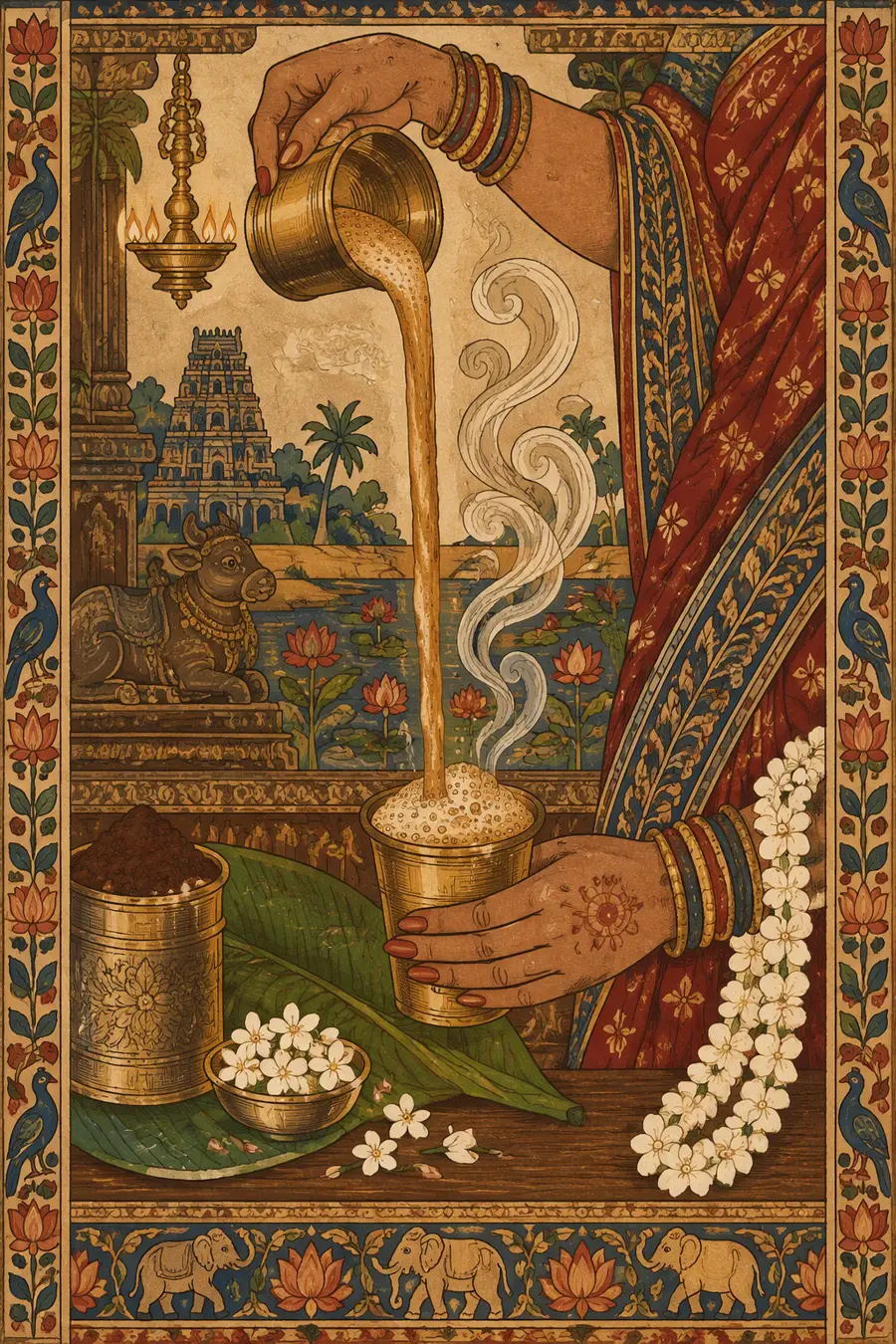 Folk-art painting of hands pouring frothy coffee between a brass dabara and tumbler