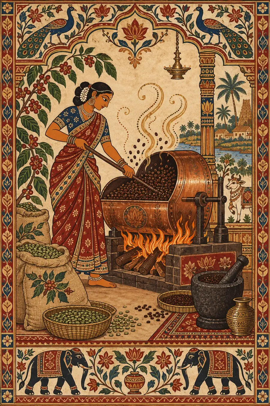 Folk-art painting of a woman roasting coffee in a copper drum over a wood fire